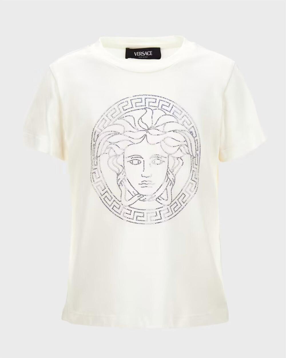 NEW VERSACE girls' medusa greca print tee in white/silver